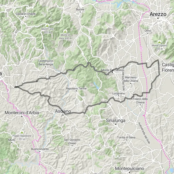 Kartminiatyr av "Toscana Road Cycling: Taverne d'Arbia - Brolio di Castiglion Fiorentino Loop" sykkelinspirasjon i Toscana, Italy. Generert av Tarmacs.app sykkelrutoplanlegger