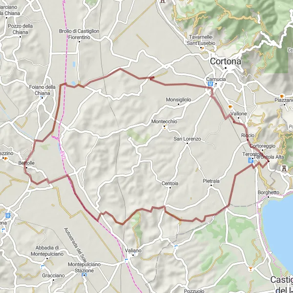 Miniatua del mapa de inspiración ciclista "Ruta a Bettolle y Camucia" en Toscana, Italy. Generado por Tarmacs.app planificador de rutas ciclistas