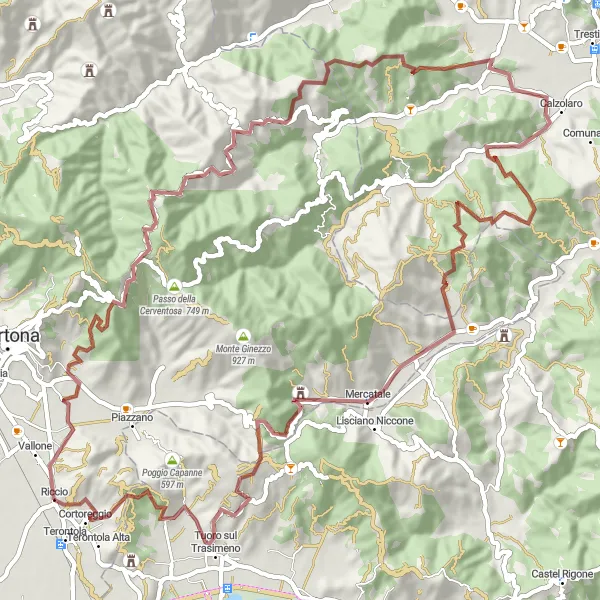 Miniatua del mapa de inspiración ciclista "Aventura en Grava por Terontola y alrededores" en Toscana, Italy. Generado por Tarmacs.app planificador de rutas ciclistas