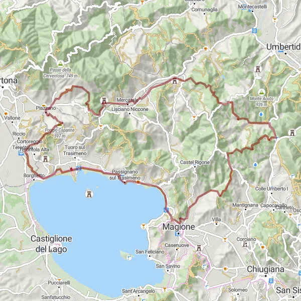 Miniatuurkaart van de fietsinspiratie "Avontuurlijke fietstocht langs Monte Maestrino en Passignano sul Trasimeno" in Toscana, Italy. Gemaakt door de Tarmacs.app fietsrouteplanner