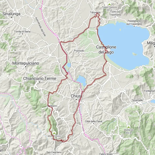 Map miniature of "Gravel Adventure: Terontola to Chiusi Scalo" cycling inspiration in Toscana, Italy. Generated by Tarmacs.app cycling route planner
