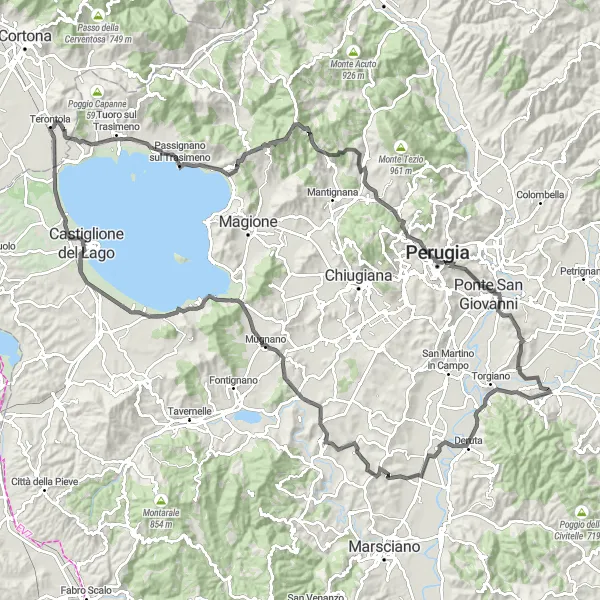Map miniature of "Umbrian Hill Adventure: Road Cycling from Terontola to Castiglione della Valle" cycling inspiration in Toscana, Italy. Generated by Tarmacs.app cycling route planner