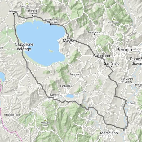 Miniature de la carte de l'inspiration cycliste "Randonnée cycliste panoramique depuis Terontola jusqu'à Castiglione del Lago" dans la Toscana, Italy. Générée par le planificateur d'itinéraire cycliste Tarmacs.app