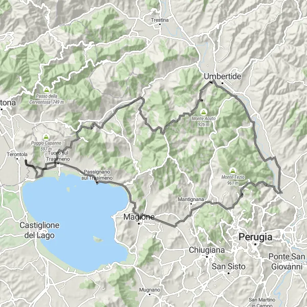 Miniatua del mapa de inspiración ciclista "Ruta Exigente de Carretera cerca de Terontola" en Toscana, Italy. Generado por Tarmacs.app planificador de rutas ciclistas
