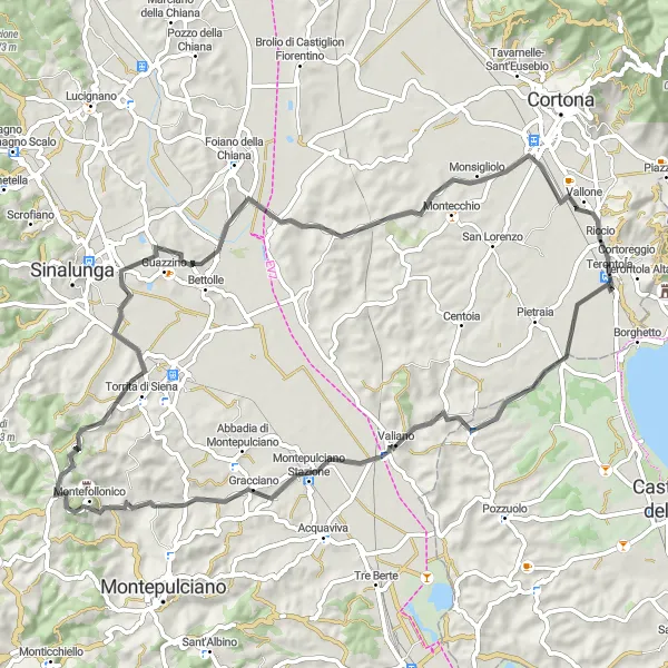 Miniaturekort af cykelinspirationen "Landevejscykelrute til Valiano" i Toscana, Italy. Genereret af Tarmacs.app cykelruteplanlægger