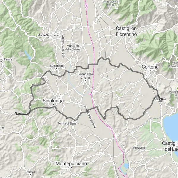Map miniature of "Tuscany Exploration: Scenic Road Cycling Route from Terontola to Lecceto" cycling inspiration in Toscana, Italy. Generated by Tarmacs.app cycling route planner