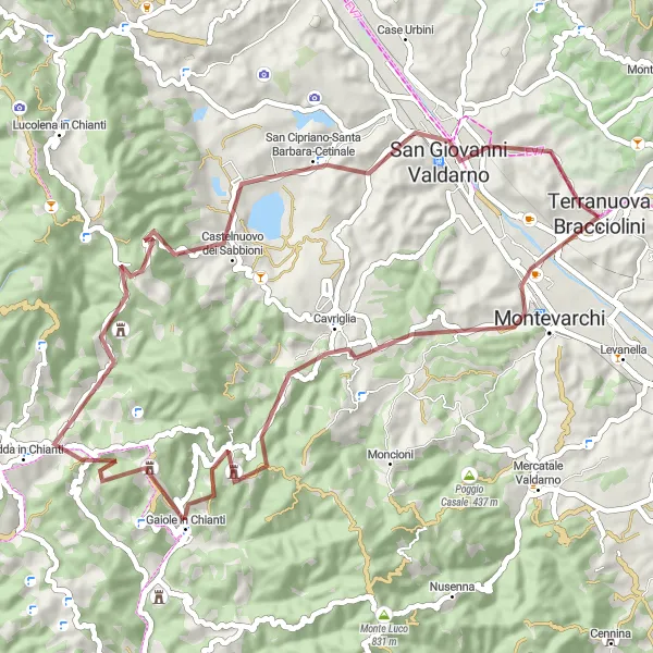 Miniatura della mappa di ispirazione al ciclismo "Esplorazione naturale tra Montevarchi e San Giovanni Valdarno" nella regione di Toscana, Italy. Generata da Tarmacs.app, pianificatore di rotte ciclistiche