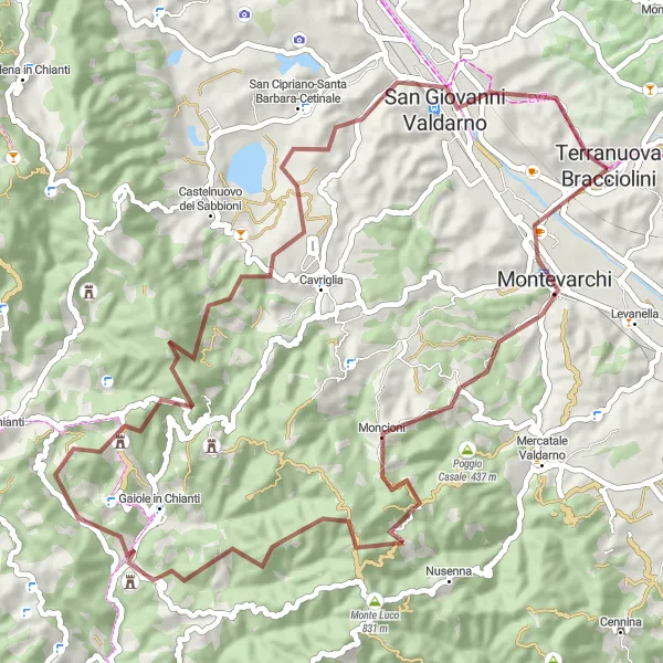 Miniatura della mappa di ispirazione al ciclismo "Giro in mountain bike su sterrato intorno a Terranuova Bracciolini" nella regione di Toscana, Italy. Generata da Tarmacs.app, pianificatore di rotte ciclistiche