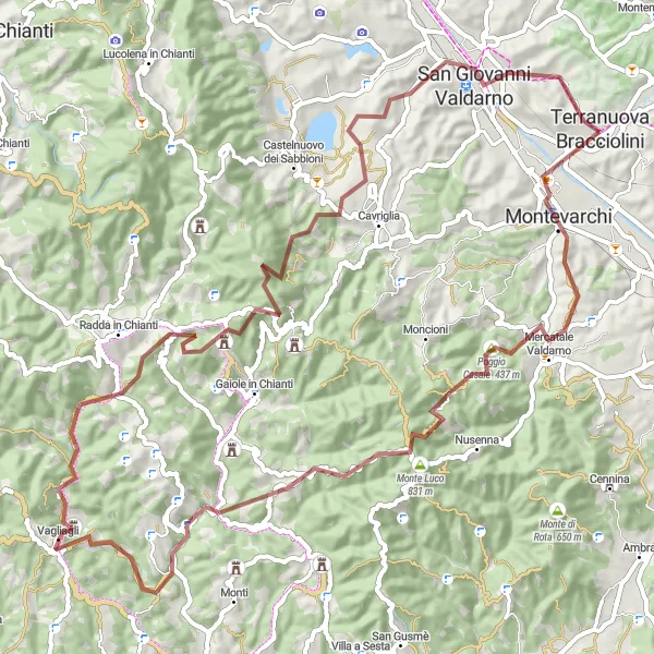 Karten-Miniaturansicht der Radinspiration "Rundfahrt von Terranuova Bracciolini nach Montevarchi und zurück" in Toscana, Italy. Erstellt vom Tarmacs.app-Routenplaner für Radtouren