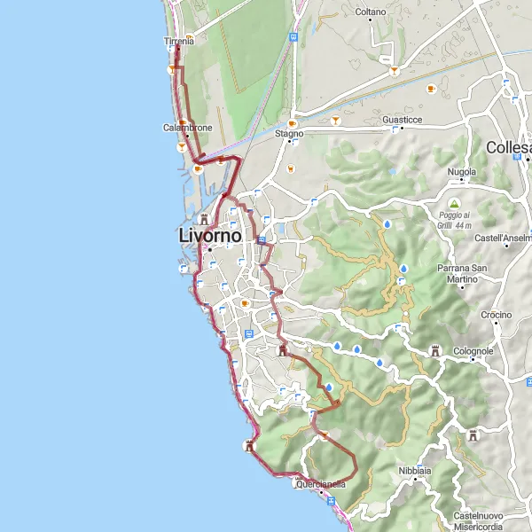 Map miniature of "The Coastal Castle Adventure" cycling inspiration in Toscana, Italy. Generated by Tarmacs.app cycling route planner
