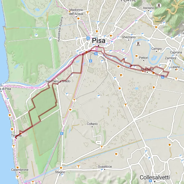 Miniatua del mapa de inspiración ciclista "Aventura de 52 km en gravilla cerca de Tirrenia" en Toscana, Italy. Generado por Tarmacs.app planificador de rutas ciclistas