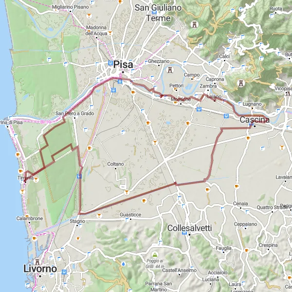 Miniaturní mapa "Gravelová trasa kolem Tirrenie" inspirace pro cyklisty v oblasti Toscana, Italy. Vytvořeno pomocí plánovače tras Tarmacs.app