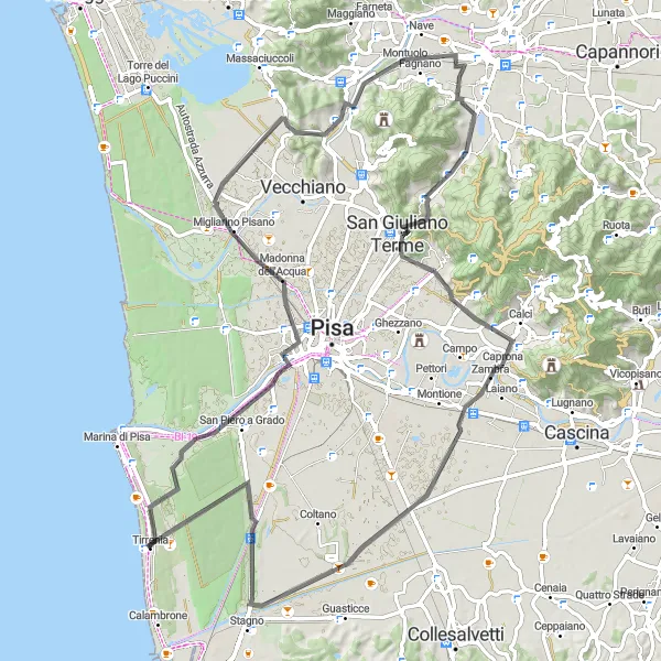 Miniatura della mappa di ispirazione al ciclismo "Giro Madonna dell'Acqua e Montuolo" nella regione di Toscana, Italy. Generata da Tarmacs.app, pianificatore di rotte ciclistiche