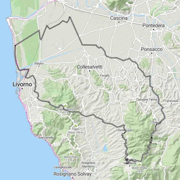 Miniatuurkaart van de fietsinspiratie "Uitdagende wegfietsroute naar Cevoli" in Toscana, Italy. Gemaakt door de Tarmacs.app fietsrouteplanner