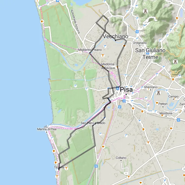 Map miniature of "Tirrenia Historical Exploration" cycling inspiration in Toscana, Italy. Generated by Tarmacs.app cycling route planner