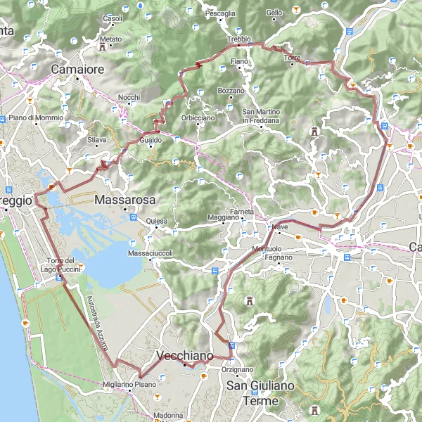 Kartminiatyr av "Utforsk Montigiano og Monte Castellaccio på sykkel" sykkelinspirasjon i Toscana, Italy. Generert av Tarmacs.app sykkelrutoplanlegger