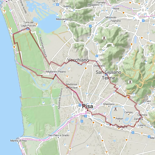 Kartminiatyr av "Grusveien til Monte Spazzavento og videre til Torre del Lago Puccini" sykkelinspirasjon i Toscana, Italy. Generert av Tarmacs.app sykkelrutoplanlegger