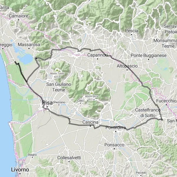 Kartminiatyr av "Montione til Torre del Lago Puccini" sykkelinspirasjon i Toscana, Italy. Generert av Tarmacs.app sykkelrutoplanlegger
