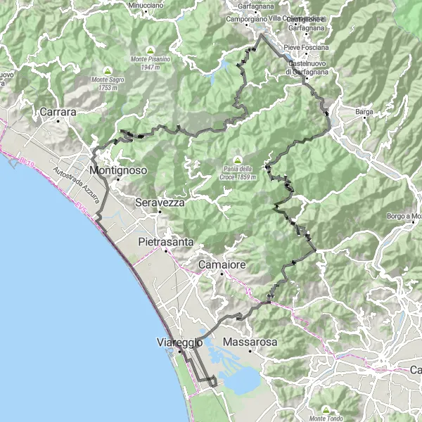 Karttaminiaatyyri "Vuoriston Valloitaja" pyöräilyinspiraatiosta alueella Toscana, Italy. Luotu Tarmacs.app pyöräilyreittisuunnittelijalla