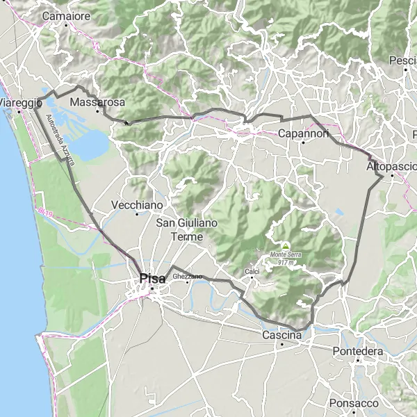 Miniature de la carte de l'inspiration cycliste "Le Tour de la Plaine Lucquoise" dans la Toscana, Italy. Générée par le planificateur d'itinéraire cycliste Tarmacs.app