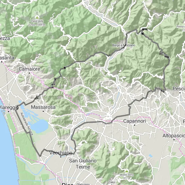 Miniatuurkaart van de fietsinspiratie "Panoramische route naar Torre del Lago Puccini" in Toscana, Italy. Gemaakt door de Tarmacs.app fietsrouteplanner