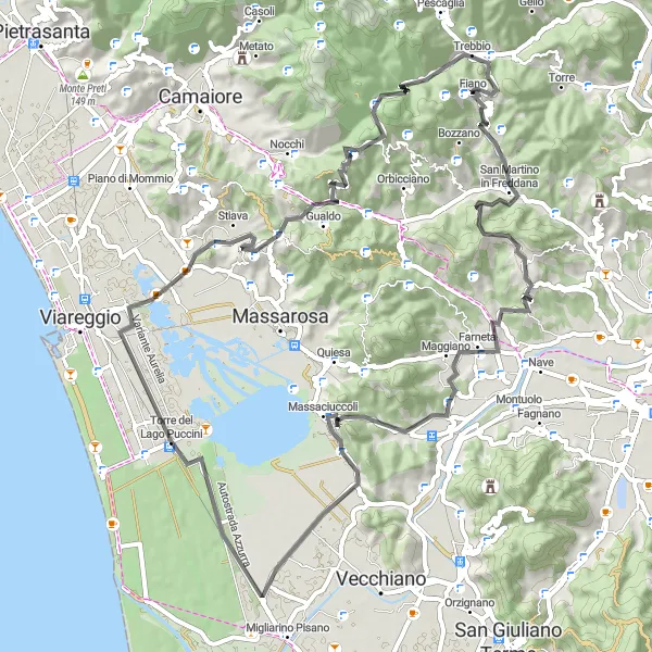 Mapa miniatúra "Okruh cez Montigiano a Fiano" cyklistická inšpirácia v Toscana, Italy. Vygenerované cyklistickým plánovačom trás Tarmacs.app