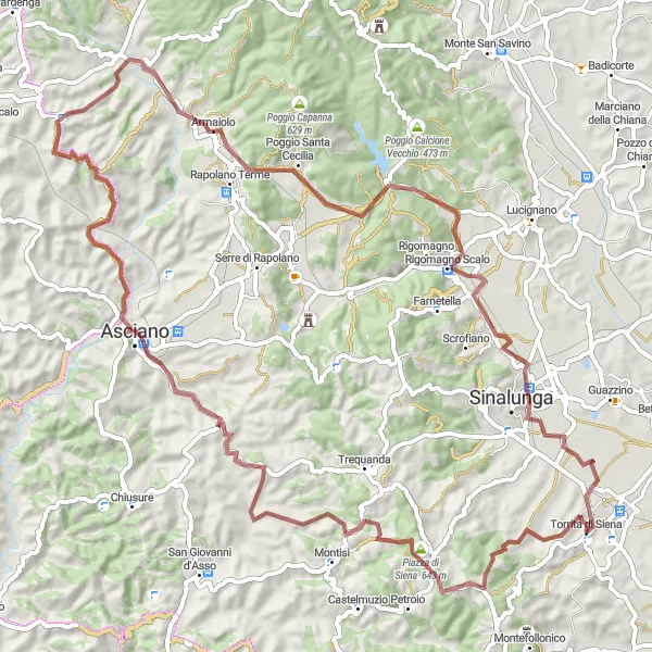 Miniatua del mapa de inspiración ciclista "Aventura ciclista por Asciano y Poggiodarno" en Toscana, Italy. Generado por Tarmacs.app planificador de rutas ciclistas