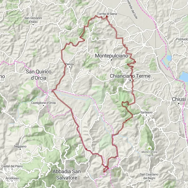 Kartminiatyr av "Grusvägscykling till Radicofani från Torrita di Siena" cykelinspiration i Toscana, Italy. Genererad av Tarmacs.app cykelruttplanerare