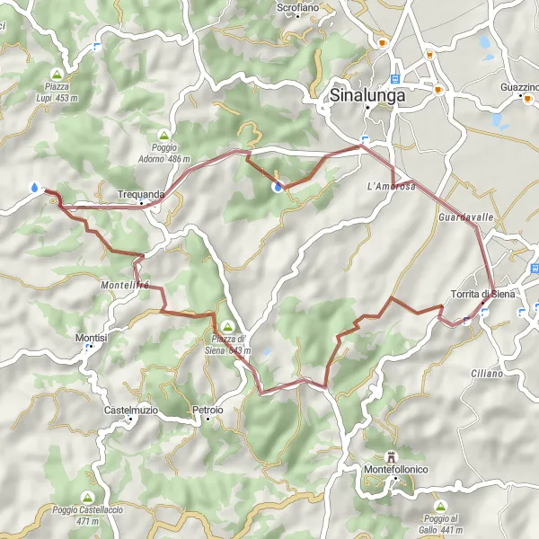 Karttaminiaatyyri "Montelifré ja L'Amorosa Gravel -reitti" pyöräilyinspiraatiosta alueella Toscana, Italy. Luotu Tarmacs.app pyöräilyreittisuunnittelijalla