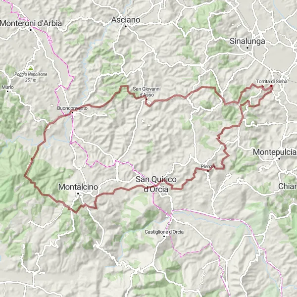 Kartminiatyr av "Utforskende Grusvei fra Torrita di Siena" sykkelinspirasjon i Toscana, Italy. Generert av Tarmacs.app sykkelrutoplanlegger
