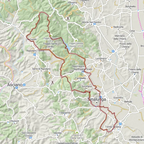 Zemljevid v pomanjšavi "Raziskovanje narave in zgodovine" kolesarske inspiracije v Toscana, Italy. Generirano z načrtovalcem kolesarskih poti Tarmacs.app