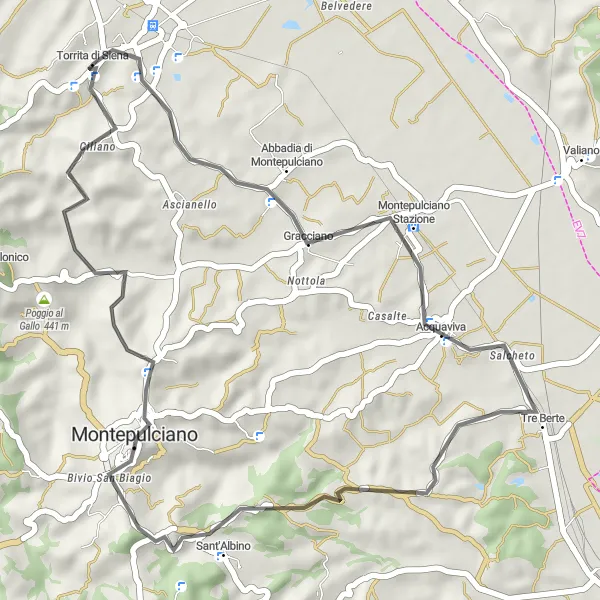Miniatua del mapa de inspiración ciclista "Ruta en Carretera a través de Torrita di Siena" en Toscana, Italy. Generado por Tarmacs.app planificador de rutas ciclistas