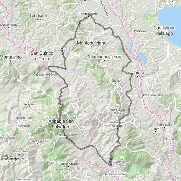 Miniatua del mapa de inspiración ciclista "Ruta de ciclismo en carretera por Toscana" en Toscana, Italy. Generado por Tarmacs.app planificador de rutas ciclistas