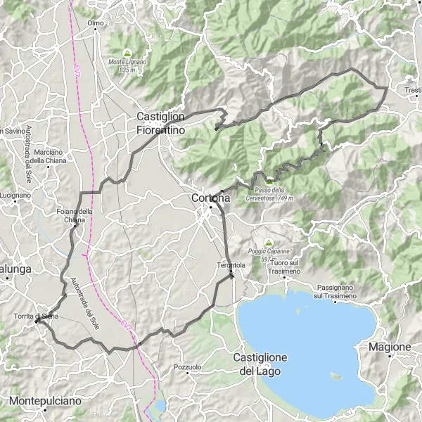 Mapa miniatúra "Náročný okruh plný výziev" cyklistická inšpirácia v Toscana, Italy. Vygenerované cyklistickým plánovačom trás Tarmacs.app