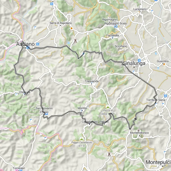Karttaminiaatyyri "Toscanan kukkula- ja kylämaantie" pyöräilyinspiraatiosta alueella Toscana, Italy. Luotu Tarmacs.app pyöräilyreittisuunnittelijalla