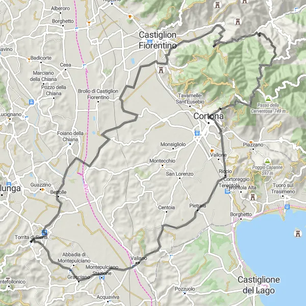 Miniatura della mappa di ispirazione al ciclismo "Giro panoramico attraverso Cortona" nella regione di Toscana, Italy. Generata da Tarmacs.app, pianificatore di rotte ciclistiche