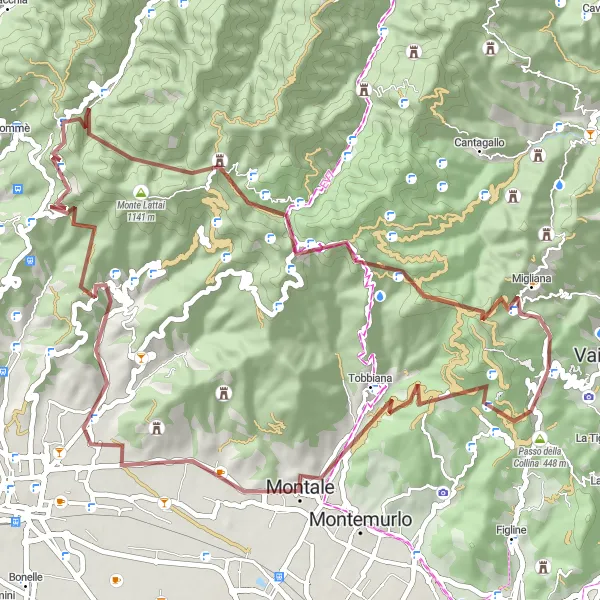 Miniatua del mapa de inspiración ciclista "Ruta escénica por caminos de grava alrededor de Vaiano" en Toscana, Italy. Generado por Tarmacs.app planificador de rutas ciclistas