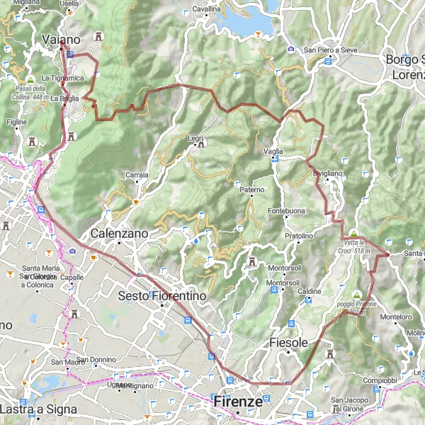 Map miniature of "Vaiano Gravel Loop" cycling inspiration in Toscana, Italy. Generated by Tarmacs.app cycling route planner