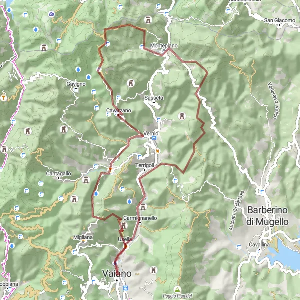 Miniatuurkaart van de fietsinspiratie "Avontuurlijke Gravelroute van Vaiano naar Monte Castiglioni" in Toscana, Italy. Gemaakt door de Tarmacs.app fietsrouteplanner