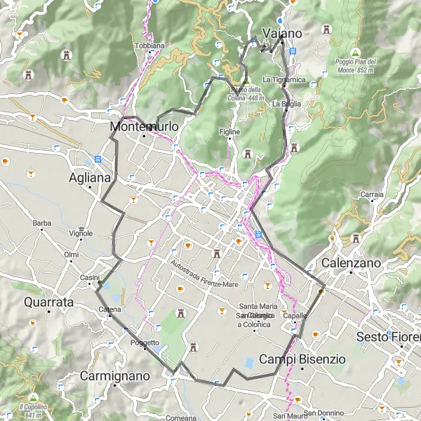 Miniatuurkaart van de fietsinspiratie "Rondrit vanuit Vaiano via Monte le Coste en Poggio a Caiano" in Toscana, Italy. Gemaakt door de Tarmacs.app fietsrouteplanner