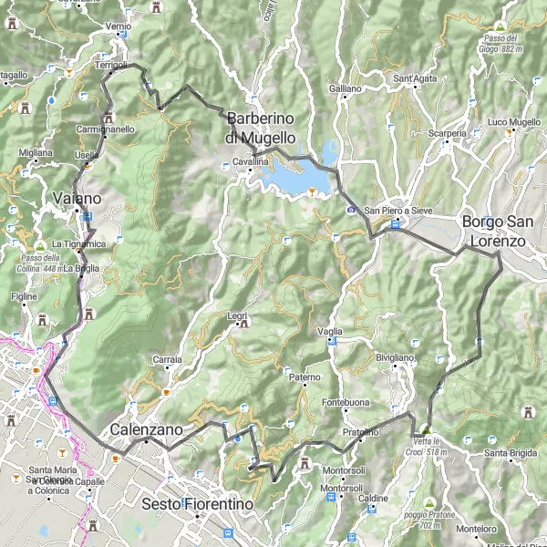 Miniatua del mapa de inspiración ciclista "Ruta escénica por carreteras cerca de Vaiano" en Toscana, Italy. Generado por Tarmacs.app planificador de rutas ciclistas