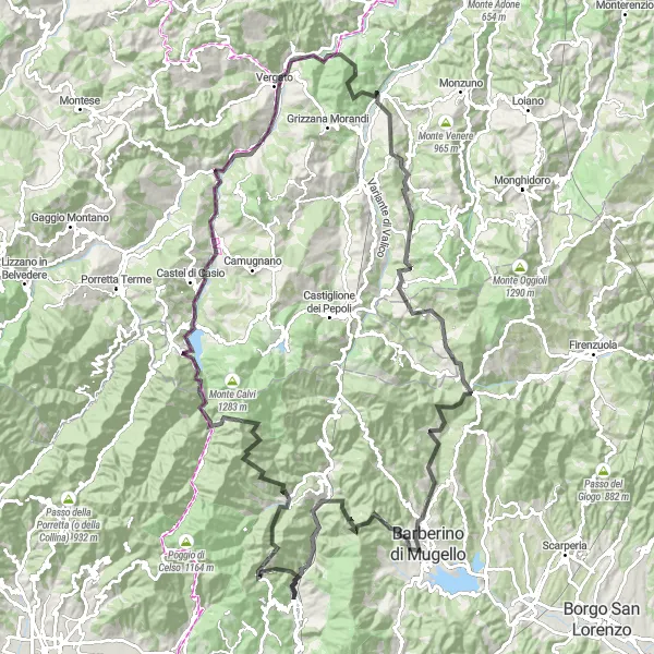 Miniatua del mapa de inspiración ciclista "Ruta de los Montes de Toscana" en Toscana, Italy. Generado por Tarmacs.app planificador de rutas ciclistas