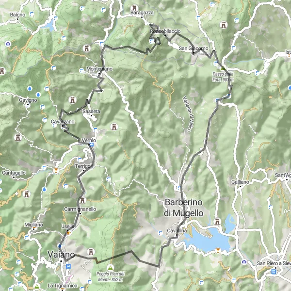 Karttaminiaatyyri "Vaiano - Passo della Futa - Barberino di Mugello Round-trip" pyöräilyinspiraatiosta alueella Toscana, Italy. Luotu Tarmacs.app pyöräilyreittisuunnittelijalla