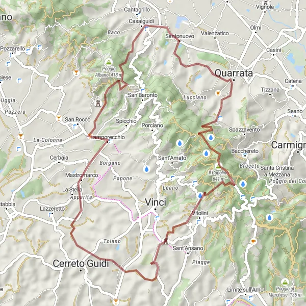 Mapa miniatúra "Gravelová cesta cez Buriano a Lamporecchio" cyklistická inšpirácia v Toscana, Italy. Vygenerované cyklistickým plánovačom trás Tarmacs.app