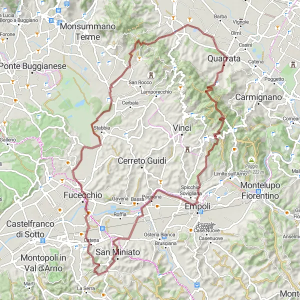 Map miniature of "Gravel Route through Valenzatico Countryside" cycling inspiration in Toscana, Italy. Generated by Tarmacs.app cycling route planner
