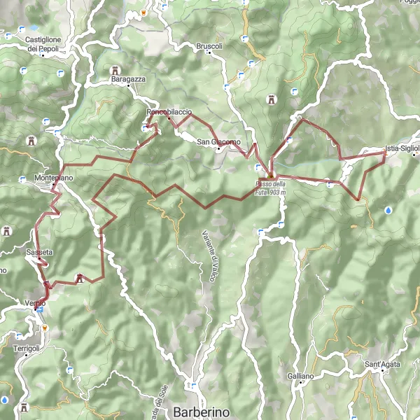 Miniatua del mapa de inspiración ciclista "Ruta de ciclismo de gravilla por Vernio y Passo della Futa" en Toscana, Italy. Generado por Tarmacs.app planificador de rutas ciclistas