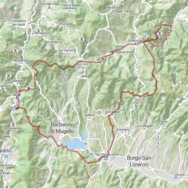 Map miniature of "Challenging Gravel Loop Around Vernio" cycling inspiration in Toscana, Italy. Generated by Tarmacs.app cycling route planner