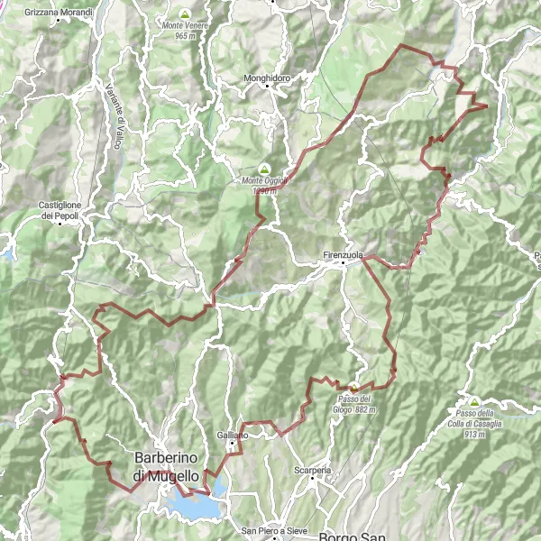 Miniatura della mappa di ispirazione al ciclismo "Avventuroso Giro in Gravel attraverso Passo del Giogo" nella regione di Toscana, Italy. Generata da Tarmacs.app, pianificatore di rotte ciclistiche