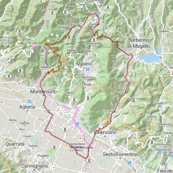 Miniatuurkaart van de fietsinspiratie "Gravel Avontuur rond Vernio" in Toscana, Italy. Gemaakt door de Tarmacs.app fietsrouteplanner