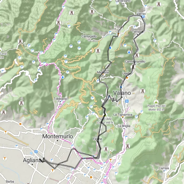 Kartminiatyr av "Vernio - Poggio del Cotone Loop" sykkelinspirasjon i Toscana, Italy. Generert av Tarmacs.app sykkelrutoplanlegger